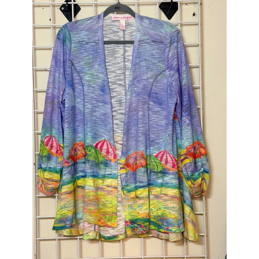 Leoma Lovegrove Women's size XL Beach Umbrella Art Print Open Front Cardigan